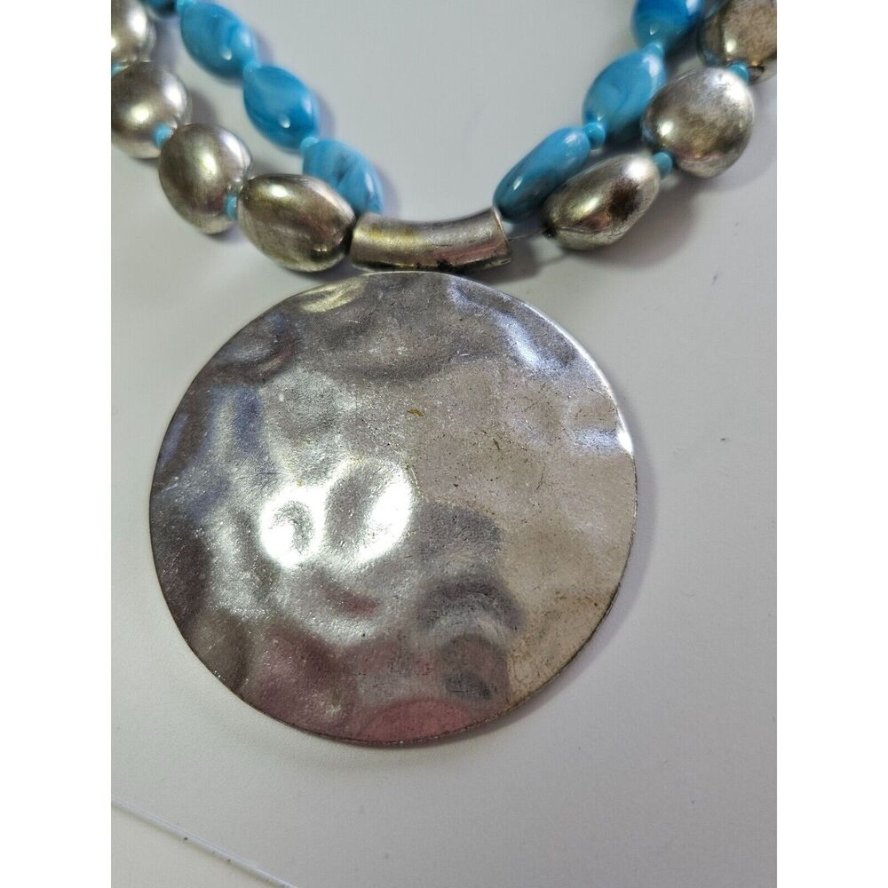 Silver tone beaded statement necklace 20-22" chunky blue green brown pendant